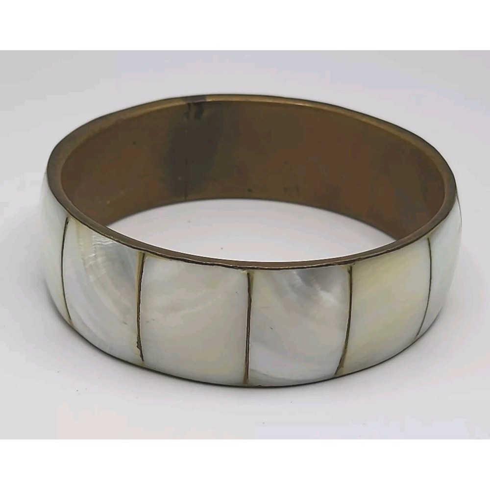 Vintage Mother of Pearl Irridescent Shell  Inlay Brass Domed Bangle Boho Tribal